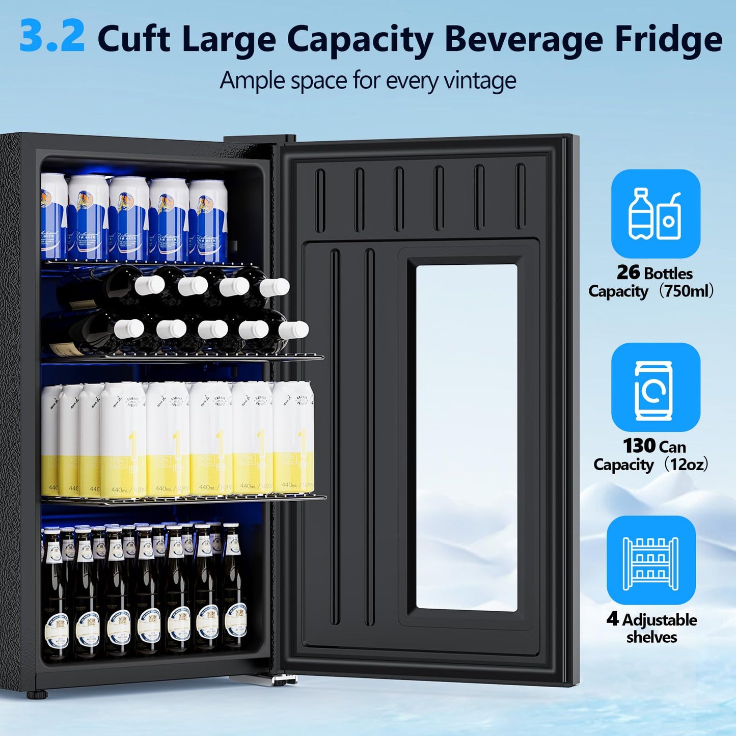 COWSAR 3.2 Cu. Ft. Beverage Refrigerator, 130-Can Beer Cooler with Digital Temperature Control (20°F–50°F), Glass Door, Adjustable Shelves, LED Lighting, for Home, Office & Bar, Black