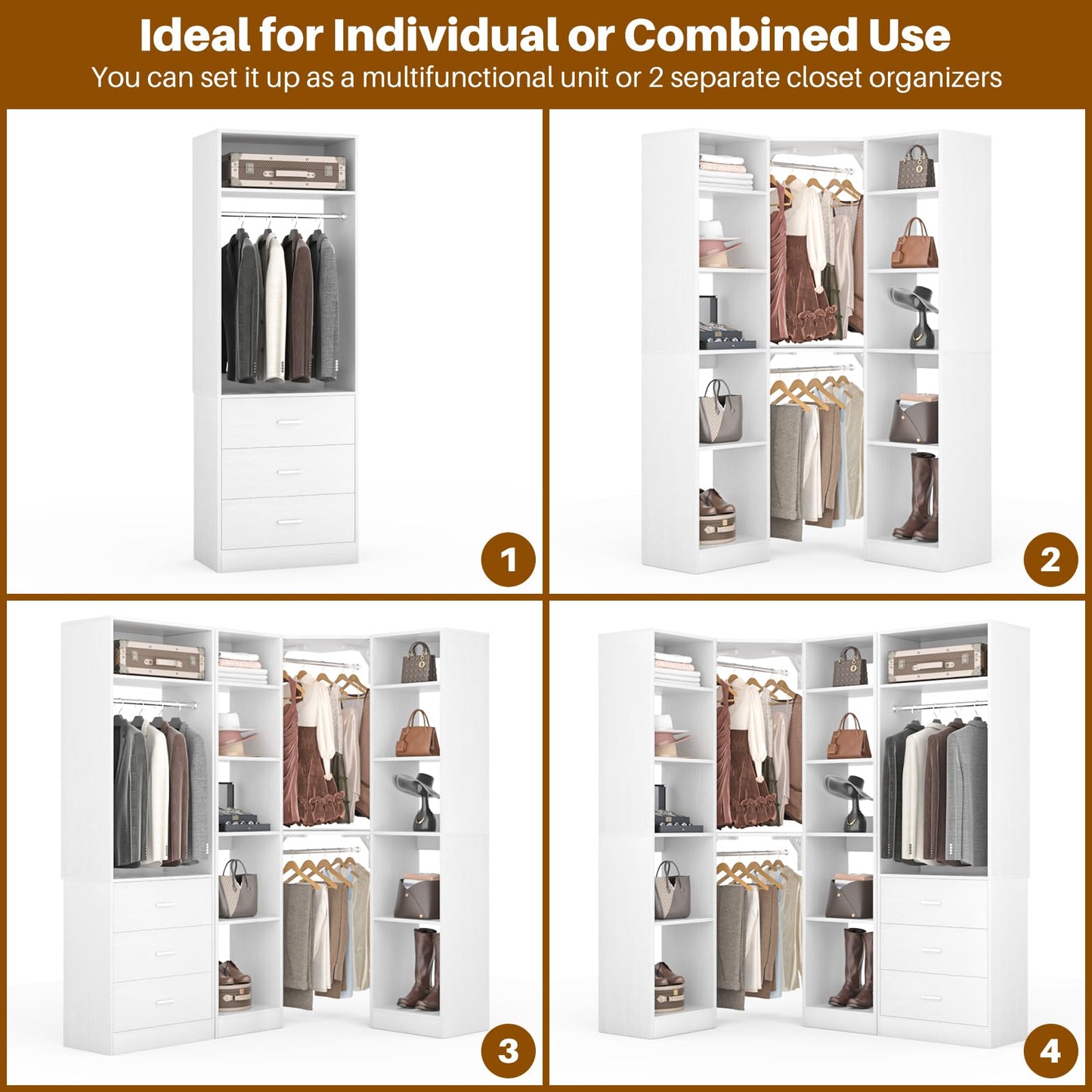 Besiost Corner Closet System with 3 Drawers, Corner Closet Organizer System with 13 Shelves & 3 Hanging Rods, 63.2"L * 39.2"W Reversible L Shaped Walk-in Closets, Load 2000+LBS, White