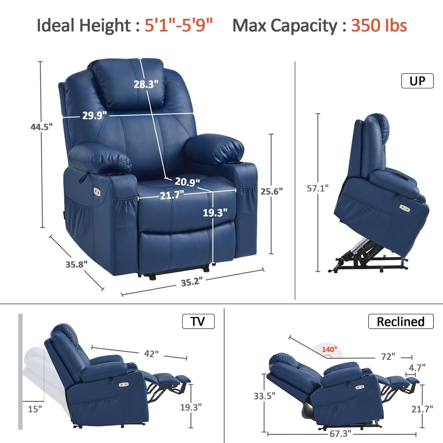 MCombo Electric Power Lift Recliner Chair Sofa with Massage and Heat for Elderly, 3 Positions, 2 Side Pockets, and Cup Holders, USB Ports, Faux Leather 7040 (Blue, Medium)