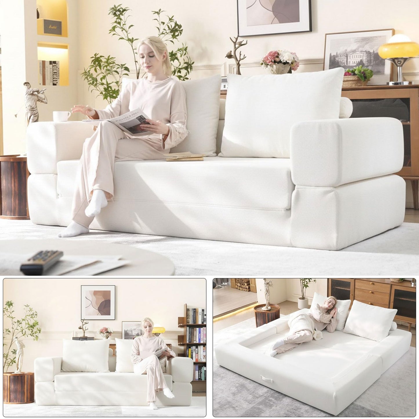 WHGBJA Oversized 79” Double Chaise Lounge Sofa Bed, Deep Seat Corduroy Cloud Loveseat Chair, No Assembly, Plush Upholstered Sleeper for Living Room or Bedroom (White)