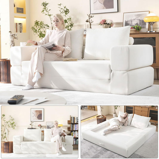 WHGBJA Oversized 79” Double Chaise Lounge Sofa Bed, Deep Seat Corduroy Cloud Loveseat Chair, No Assembly, Plush Upholstered Sleeper for Living Room or Bedroom (White)