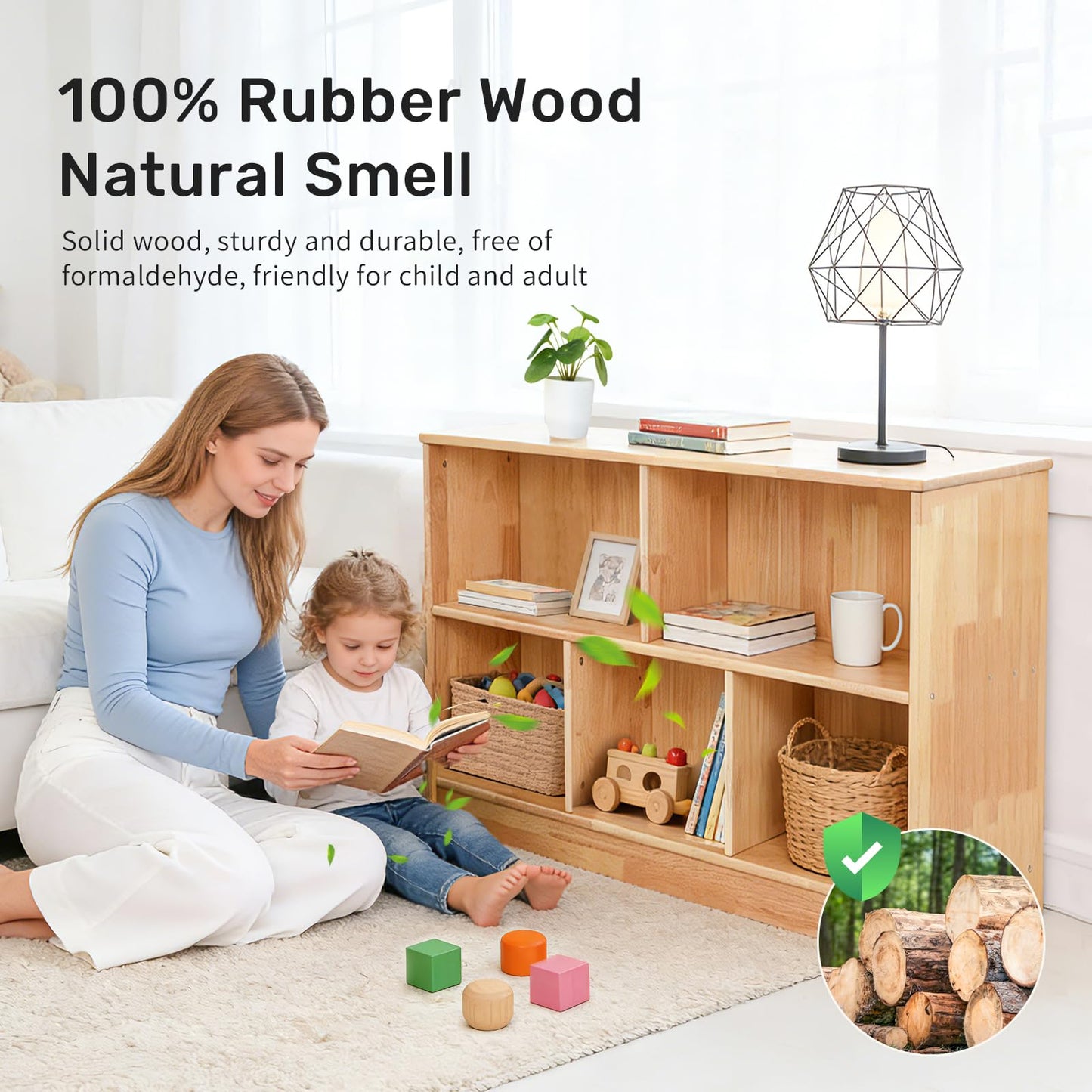 WINGYZ Rubber Wood Montessori Bookshelf, 5-Section Wooden Storage Cabinet, 2 Shelf Bookcase Toy Storage Organizer, 35.4" L Montessori Shelf for Kids Rooms Playroom Nursery Classroom Daycare Furniture