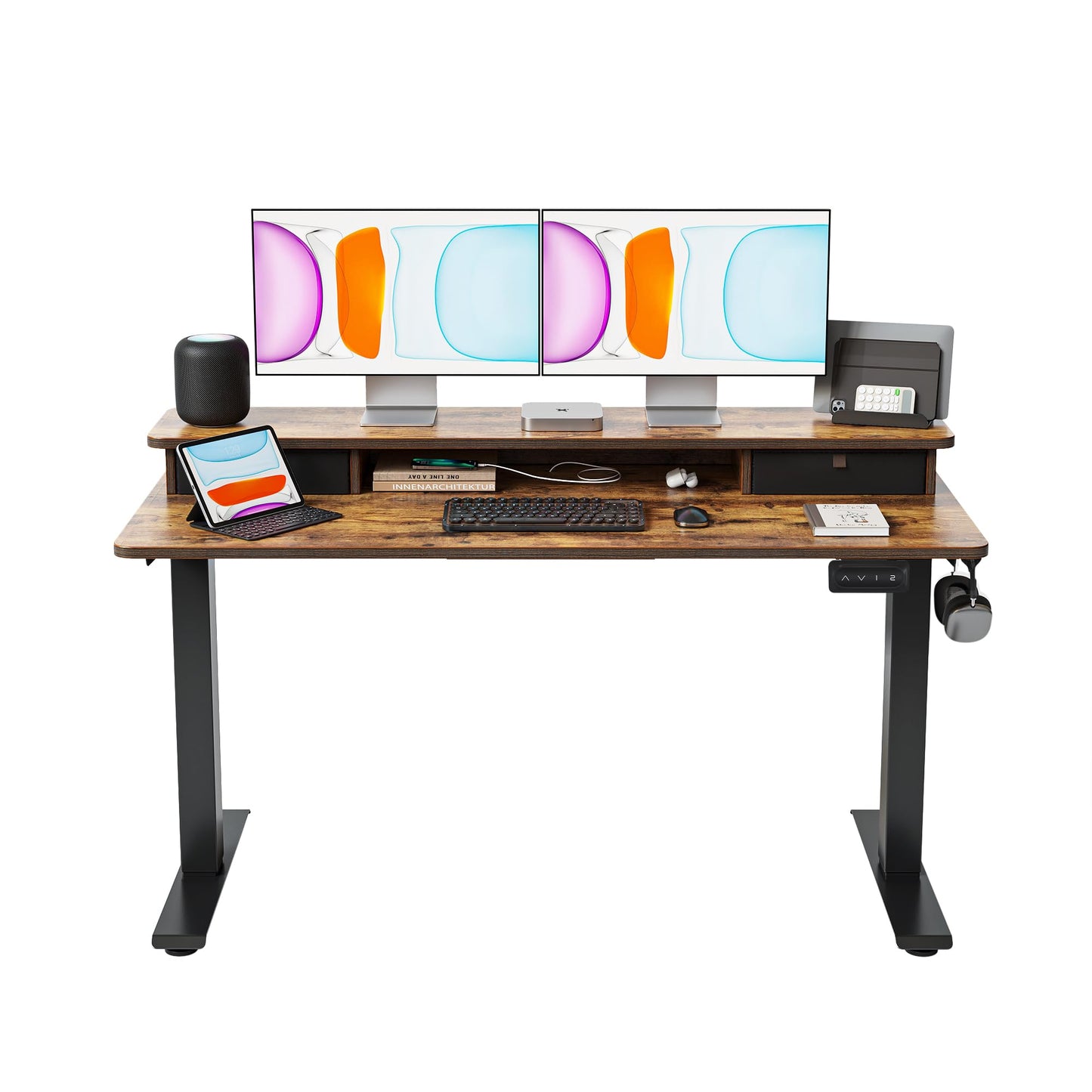 BANTI 55x24 Inch Electric Standing Desk with Double Drawers, Adjustable Height Stand Up Desk, Sit Stand Home Office Desk with Storage Shelf, Vintage Brown Top