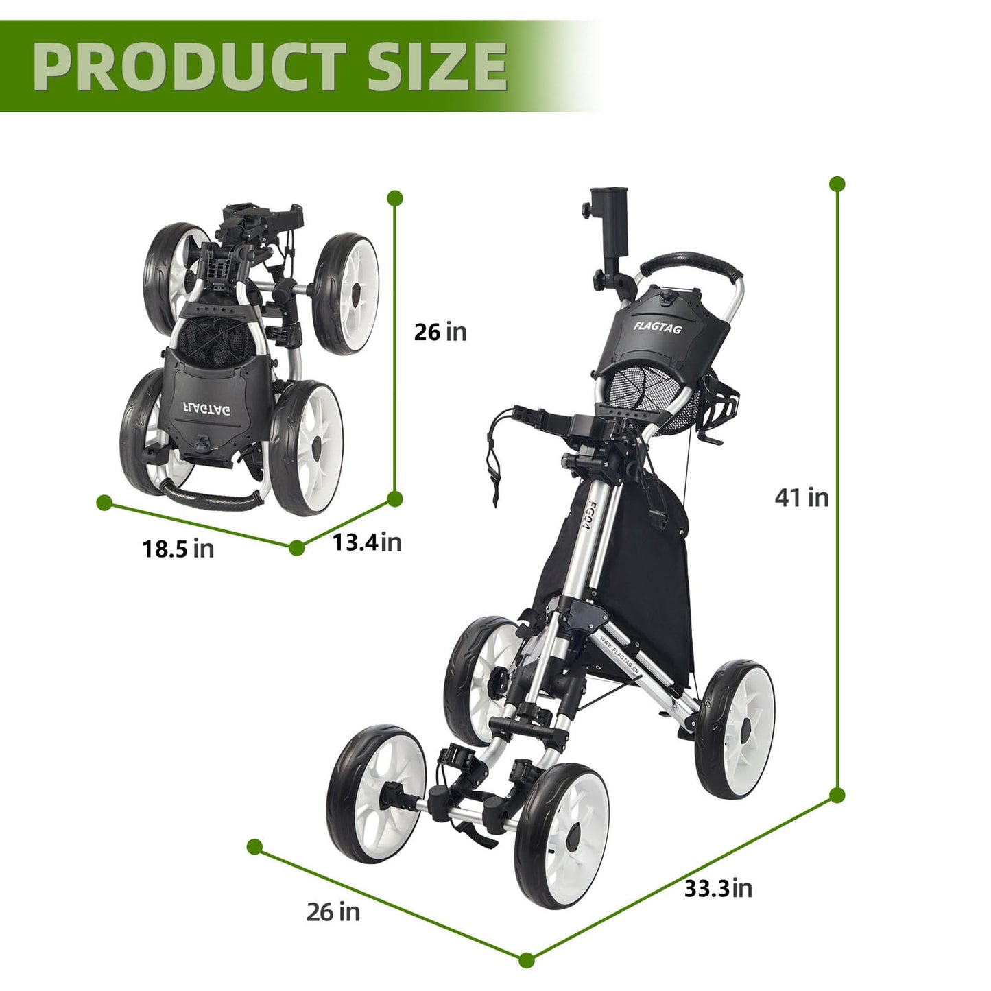 FLAGTAG Golf Push Cart 4-Wheels,Folding Golf Cart, Golf Pull cart with Cup Holder,Umbrella Holder,Cooler Bag, Foldable with one-Click,Handle Height Adjustable,Drink Holder,Walking Push cart