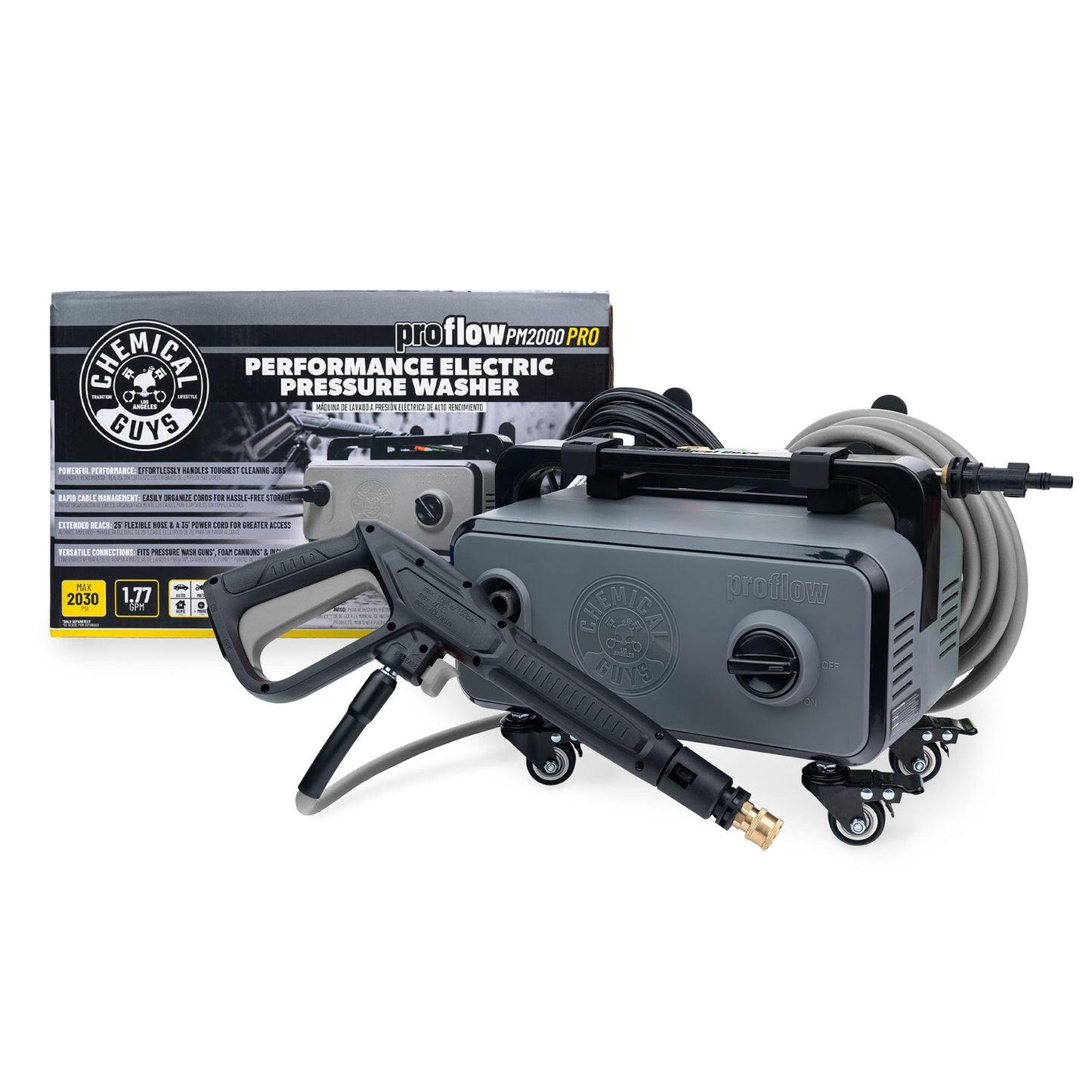 Chemical Guys Electric Pressure Washer PM2000 PRO – 2030 PSI, 1.77 GPM, 25’ Flex Hose, Compact Design, 360° Casters, Standard Connections, Cable Storage – EQP411