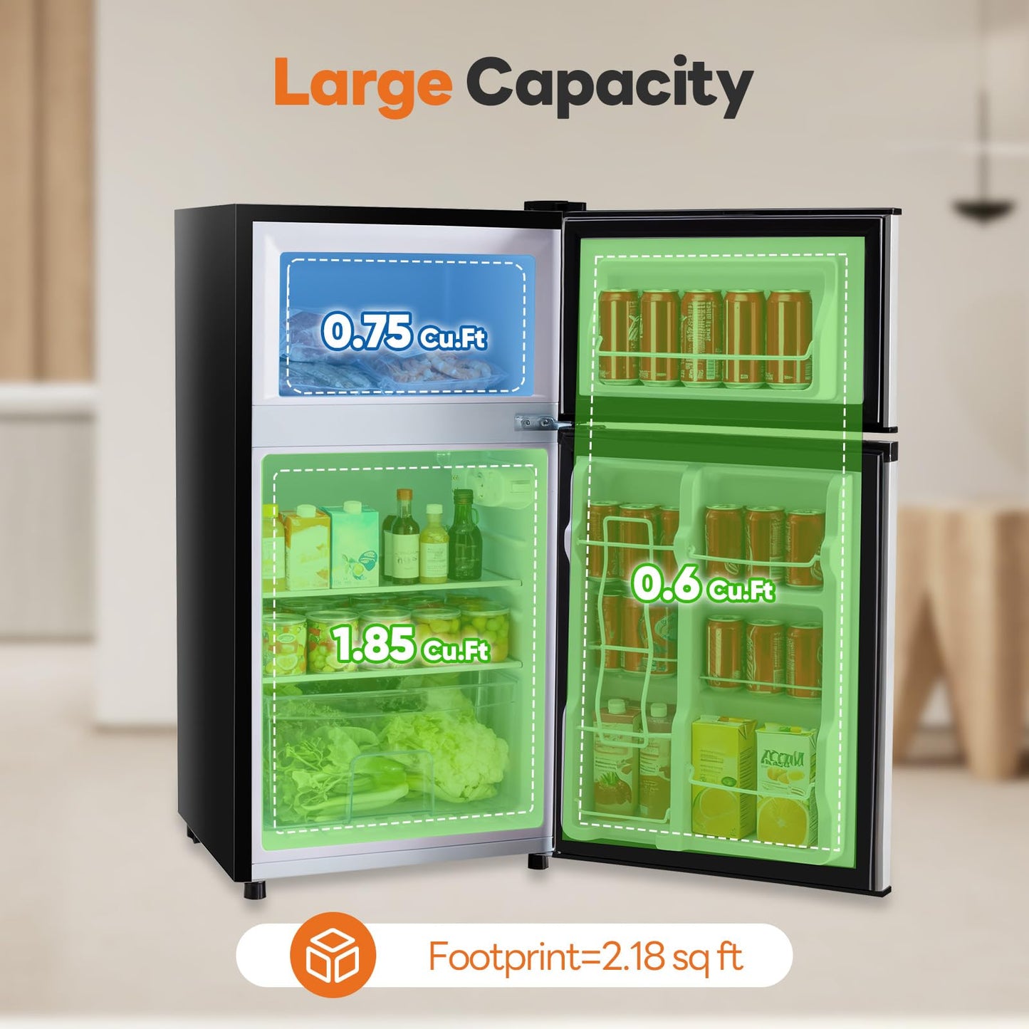 Sweetcrispy 3.2 Cu.Ft Mini Fridge with Freezer, 2 Door Small Refrigerator with Adjustable Thermostat Energy-efficient Low Noise, Compact Fridge for Bedroom, Office, Dorm, Black