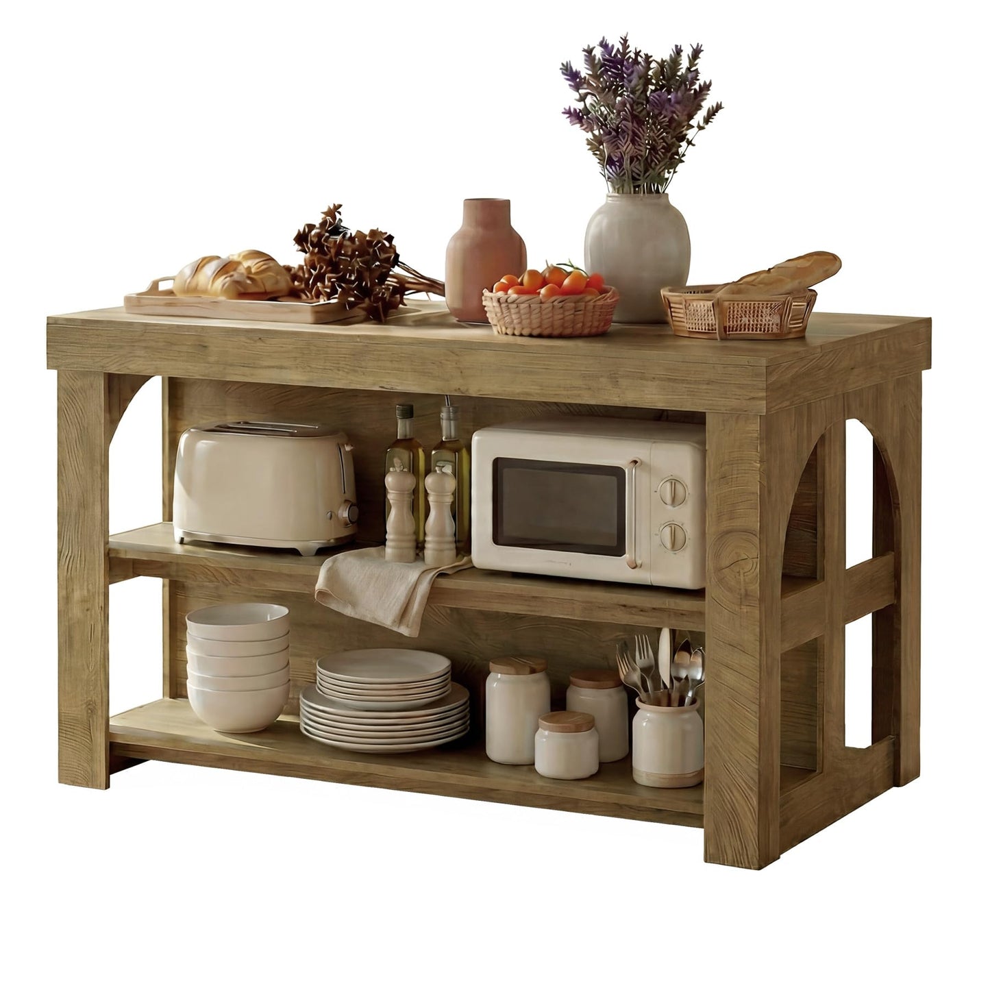 LITTLE TREE Kitchen Island with Storage, 55-Inch Large Stationary Center Island with Seating Space & 3 Shelves, Farmhouse Wooden Bar Table for Kitchen, Rustic Brown