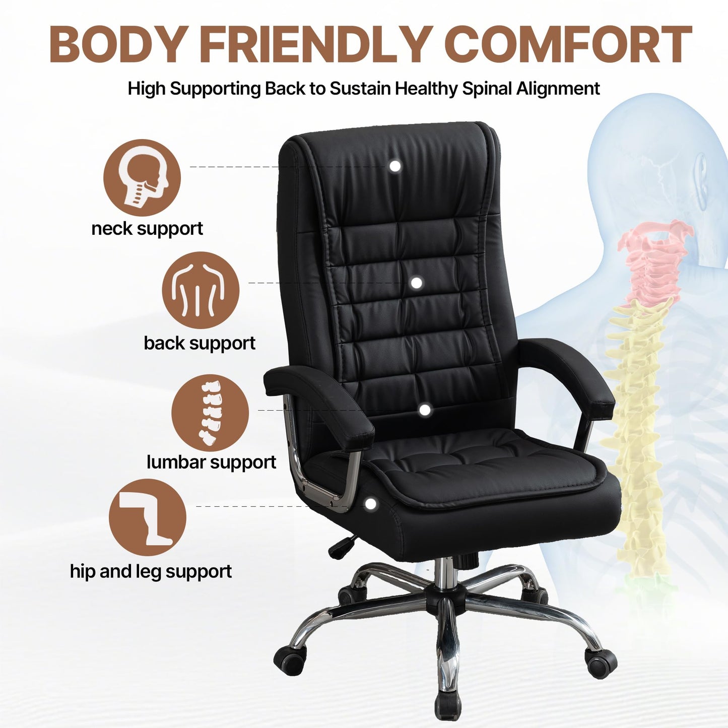 KEIKI Executive Office Chair High Back PU Leather Desk Chair with Spring Cushion, Ergonomic Swivel Computer Chair, Chrome Armrests, Adjustable Rolling Chair for Home Office, Black