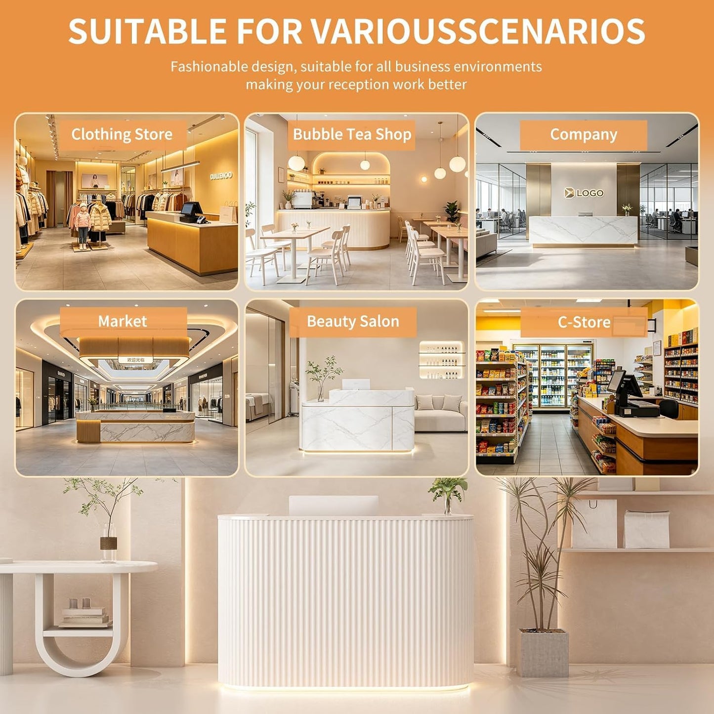 Reception Desk with Counter, Upgraded 47" Front Desk with Cable Grommet Reception Room Table with Storage Cabinet Retail Counter with LED Lights & Power Outlets for Lobbies, Salons, Home Office