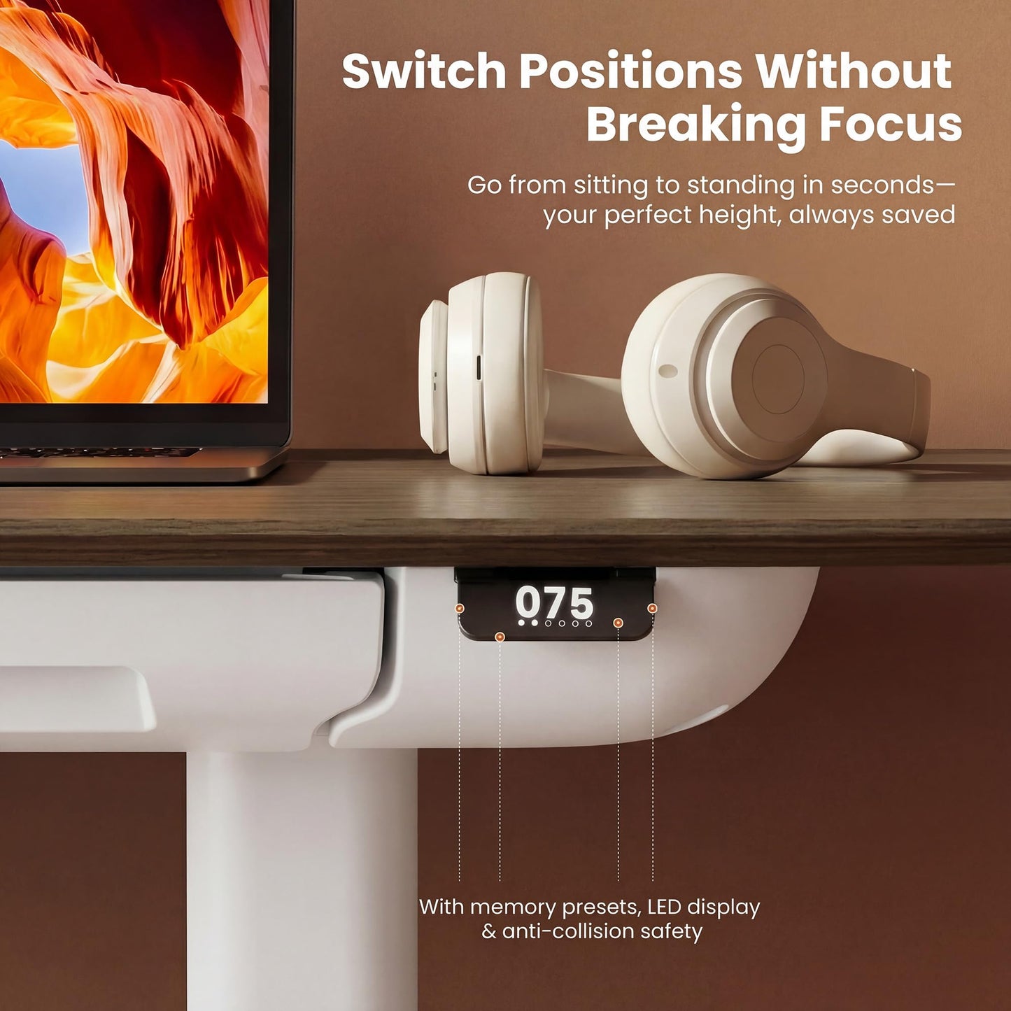 COLAMY Electric Standing Desk 55x28, Desktop Wobble-Free Dual Motor Sit Stand Up Desk with Drawers, Outlets & Footrest, Adjustable Height Computer Table for Home Office Workstation, Walnut,White