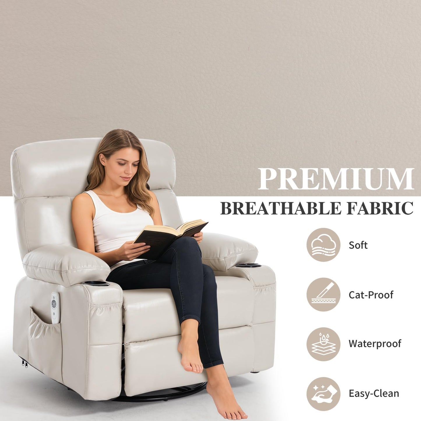 Comermax Rocking Recliner with Heat and Massage, Wide Seat Heated Massaging Reclining Chair for Home Theater, Faux Leather Manual Swivel Rocker Recliner Chair with Cup Holder for Adult, Beige