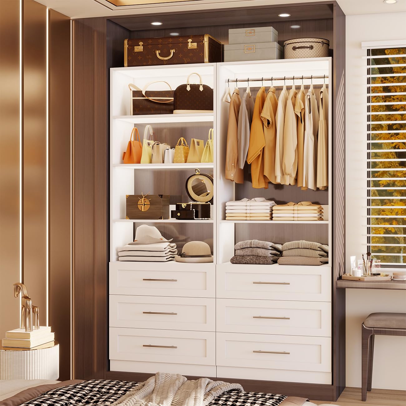 Closet System with 6 Drawers, Wood Closet Organizer System, Walk-in Closet or Small Closet System with Shelves, Modular Closet Systems with 3 Expandable Hanging Rods, 2 Sets, White (4FT)