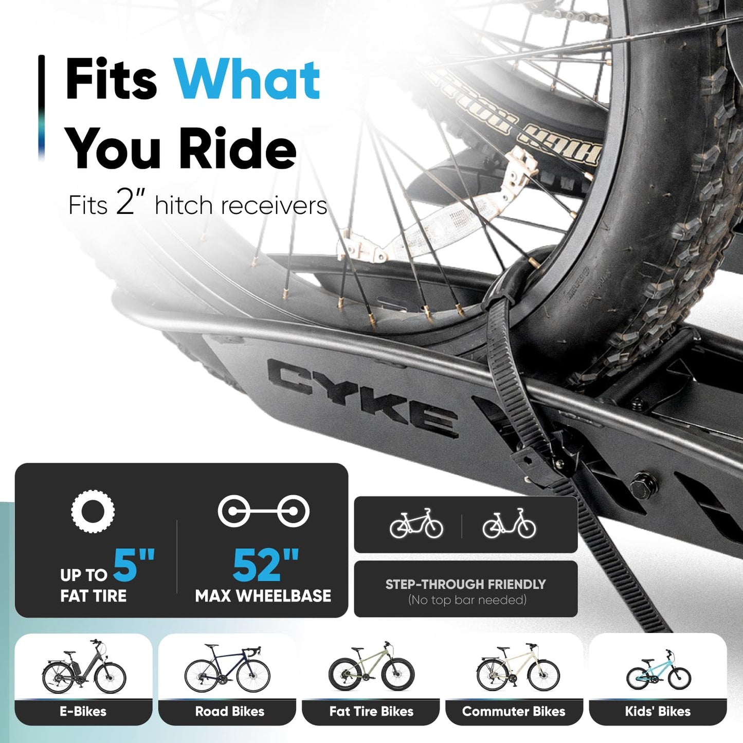 CYKE Oxen W Ebike Rack Hitch for 2 Electric Bikes – 200 lbs Heavy Duty, No-Lift Slide-Out Ramp, Fat Tire up to 5", Anti-Wobble, Foldable, Built-in License Plate Holder, 2" Receiver Car/SUV/Truck/RV