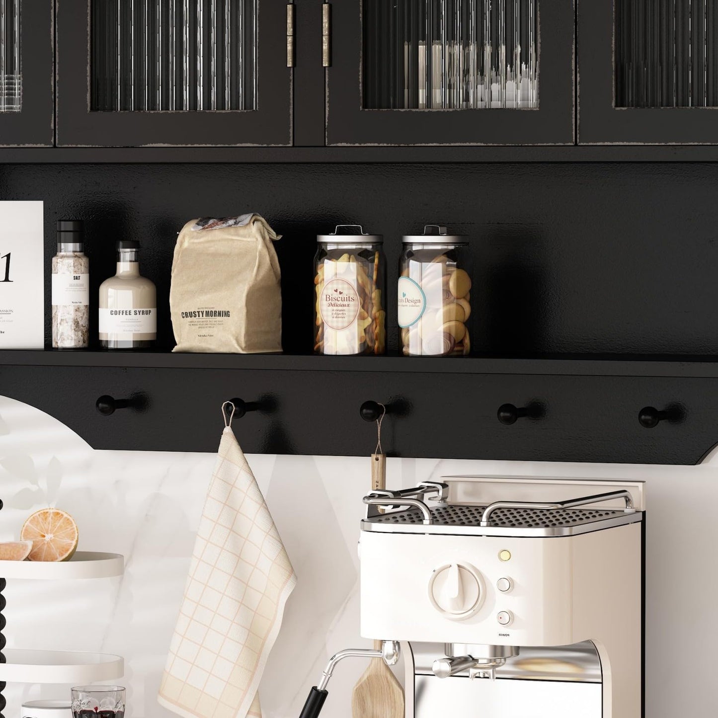 KEIKI 39.37" L Wall Mounted Kitchen Sideboard Cabinet with 4 Glass Door, 5 Hook Rack, 4 Layers Shelves, Retro Storage Buffet Medicine Cabinet for Bathroom, Dining Rooms, Entryway, Solid Wood, Black