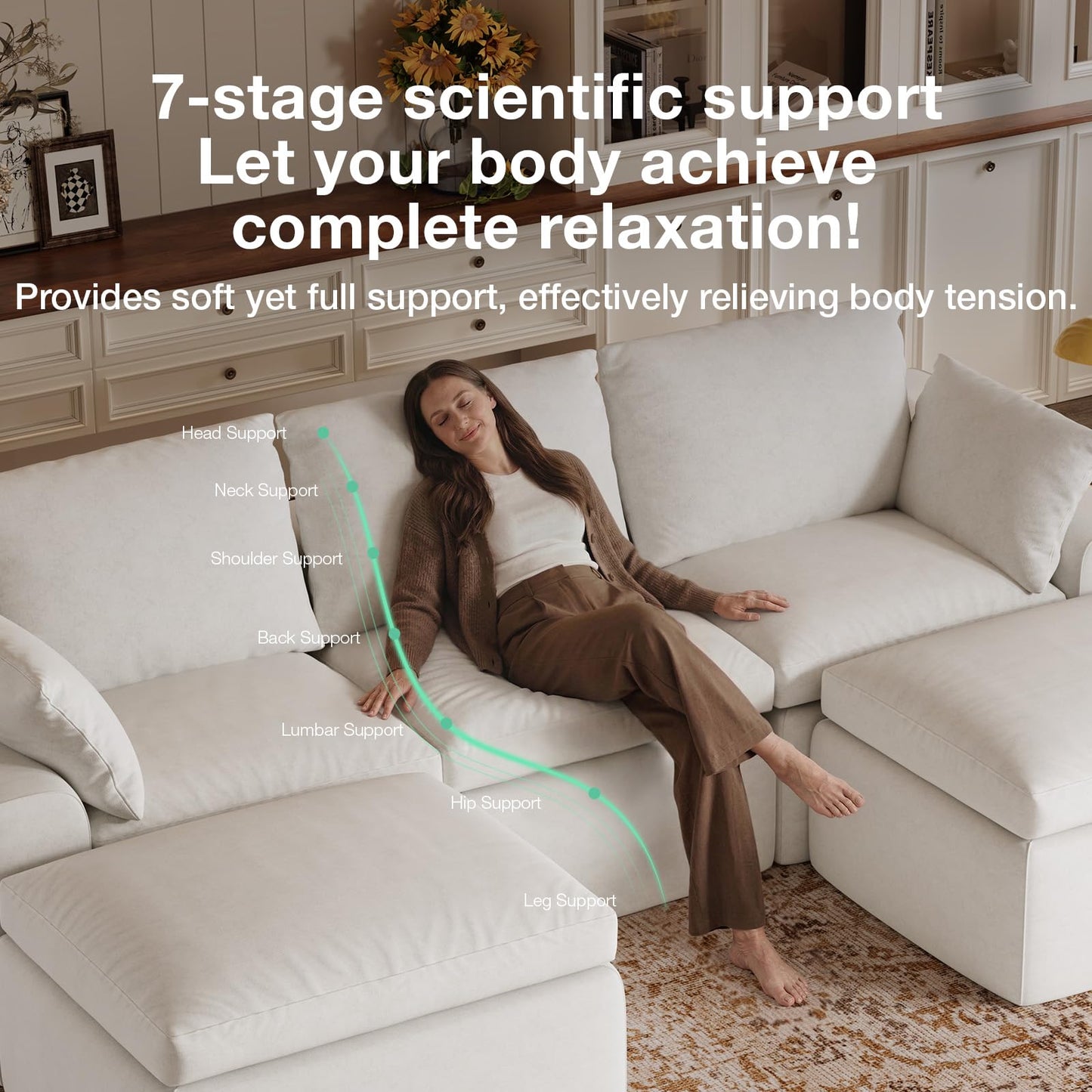 Novilla 104.3" Modular Cloud Couch, Modern Sectional Sofa with Smarts Coil® Support, Chenille Fabric, Upholstered Couch for Living Room Apartments Bedroom, No Assembly, 3 Seater + 2 Ottoman, White