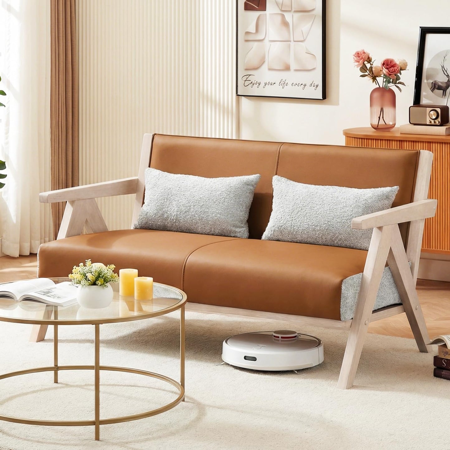 Giantex Loveseat Sofa for Small Spaces, Artificial Leather Armchair with Throw Pillows, Rubber Wood Frame, Padded Seat and Backrest, 2-Seater Couch for Living Room, Bedroom, Office, Lounge (Brown)