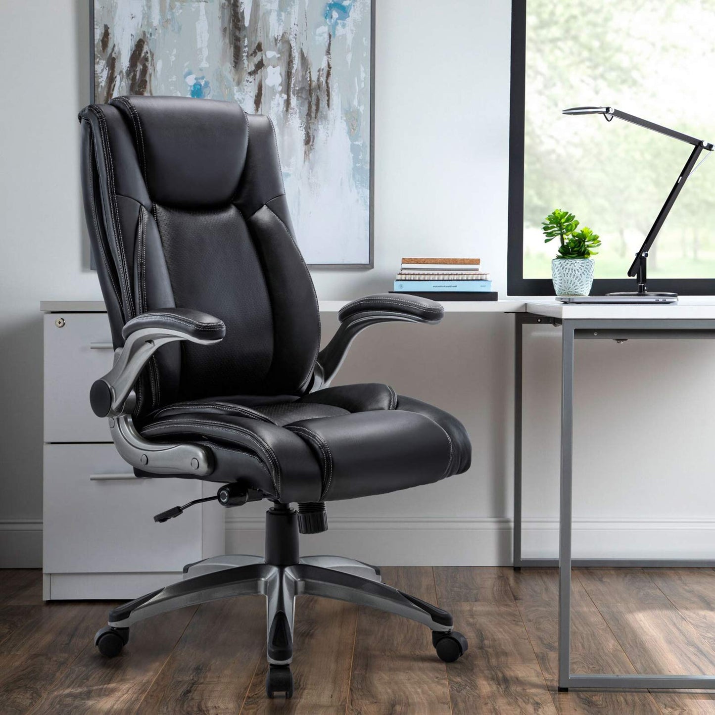 COLAMY Office Desk Chair, Ergonomic Computer Chair with Padded Flip-Up Arms and Thick Cushion, Leather office chair with High Back Adjustable Height and Tilt for Working for Working, Study, Gaming,2PC