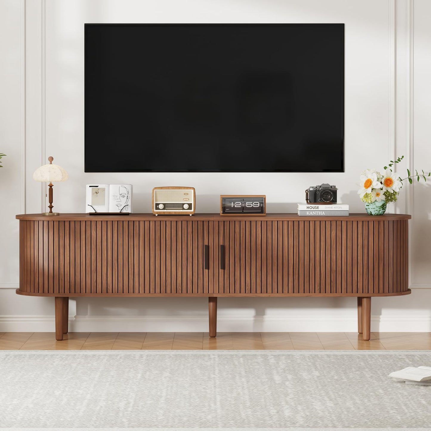 LMSXG-MZ Mid Century Modern TV Stand for Living Room, 70.1-Inch Media TV Console/Bedroom Entertainment Center with Sliding Doors, Fluted Under TV Cabinet for 55/65/75/80 Inch Tvs (Walnut)