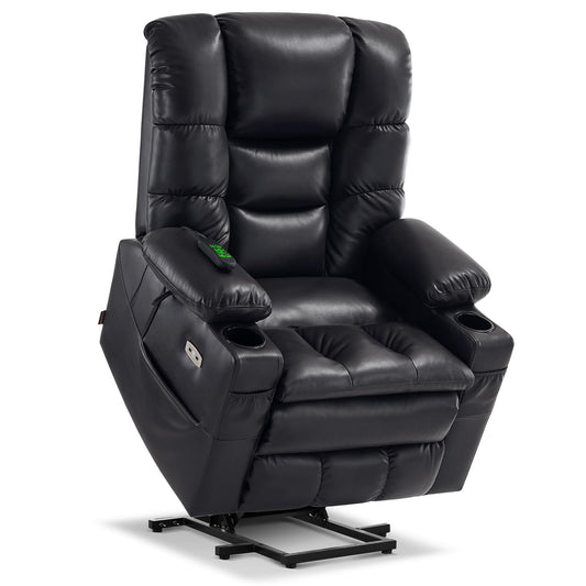 MCombo Triple Motor Lay Flat Power Lift Recliner Chair for Tall Elderly, Infinite Position, Massage, Dual Heating, Adjustable Headrest, Faux Leather 7634 (Black, Large)