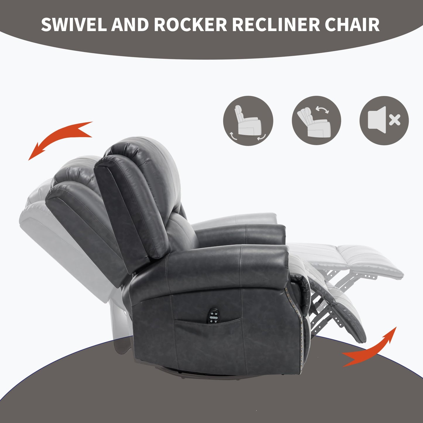KEIKI Faux Leather Heat Massage Manual Recliner Chair with Square Arms and Cushion Back, for Elderly, Modern Style Oversized Swivel Reclining Sofa Chairs, Easy Assembly, for Living Room, Grey