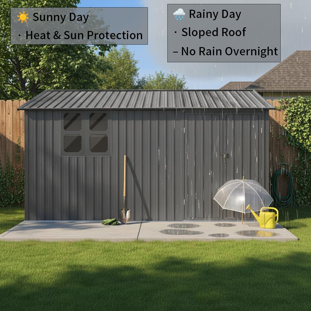 YOPTO 12x10 FT Outdoor Storage Shed,Metal Shed W/Goods Shelves & Window,Garden Tool House W/ 2 Vents & Lamp Hanging Hole & Apex Roof and Lockable Doors,for Backyard Patio Lawn,Grey