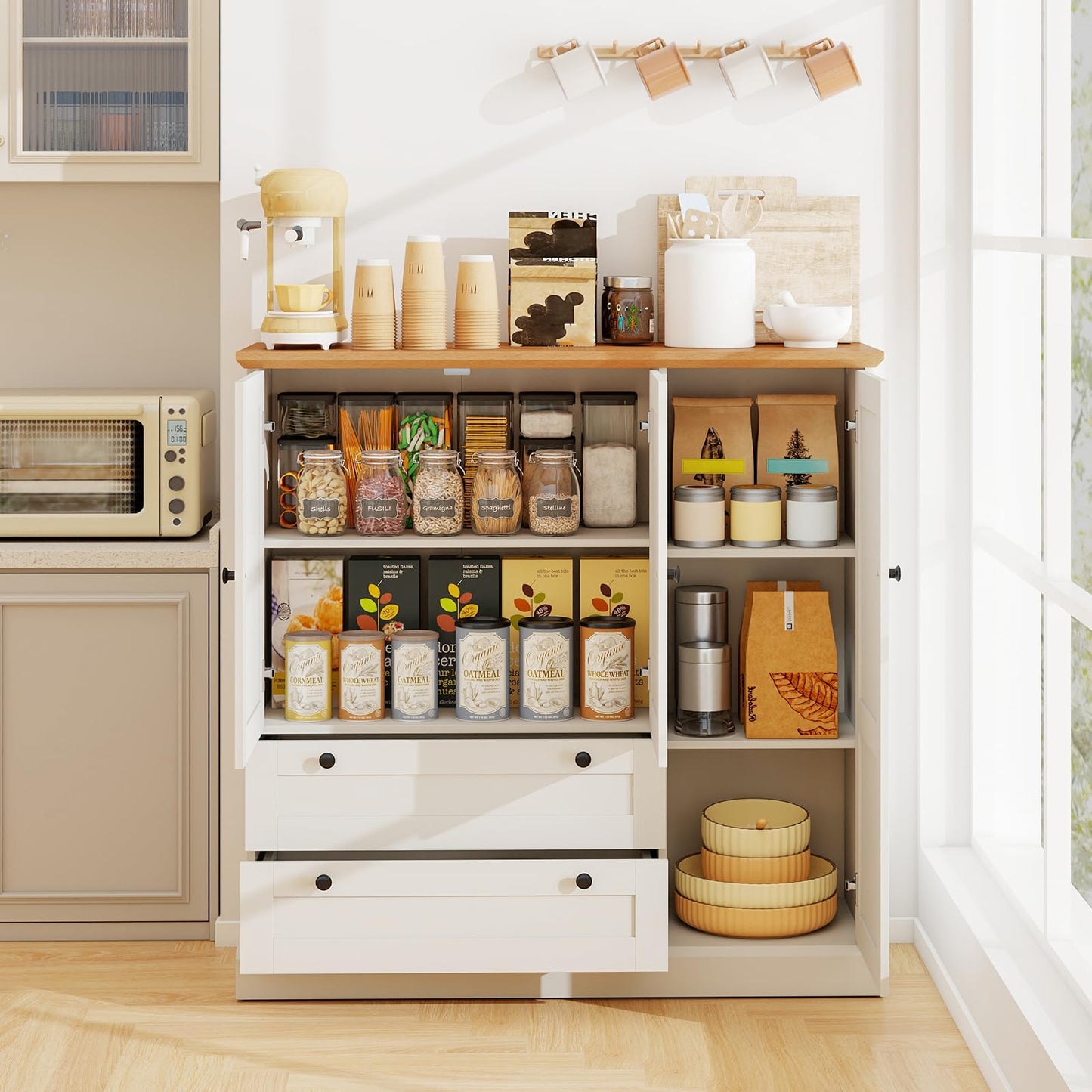 LOKO 47.5” Tall Buffet Cabinet with Storage, Modern Storage Cabinet with 3 Doors & 2 Large Drawers, Farmhouse Kitchen Pantry with Removable Shelf for Dining Room, Living Room, Home Bar