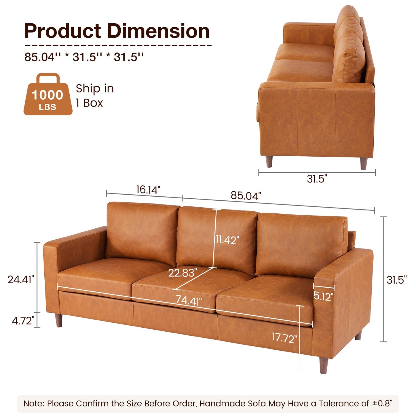 IDEALHOUSE Leather Couch 85 inch, Modern Deep Seat Sofa 3 Seater with Padded Backrest & Comfy Cushions, Faux Leather Couch for Living Room, Bedroom, Office