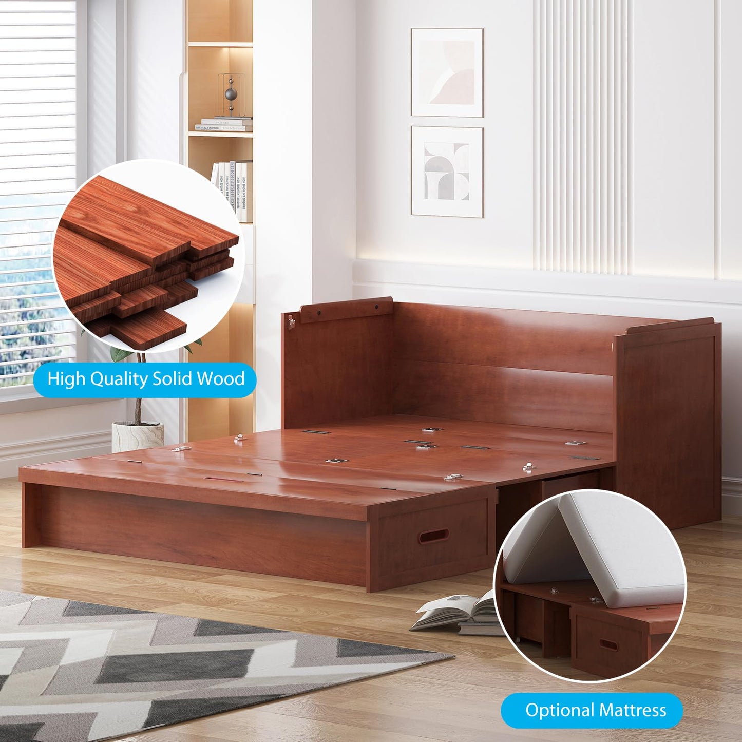 Mjkone Murphy Bed, Queen Hidden Cabinet Bed with Built-in USB Charging Station and 2 Storage Drawers, Murphy Wall Beds Cabinet Beds for Living Room, Guest Room, Apartment, Brown (No Mattress)