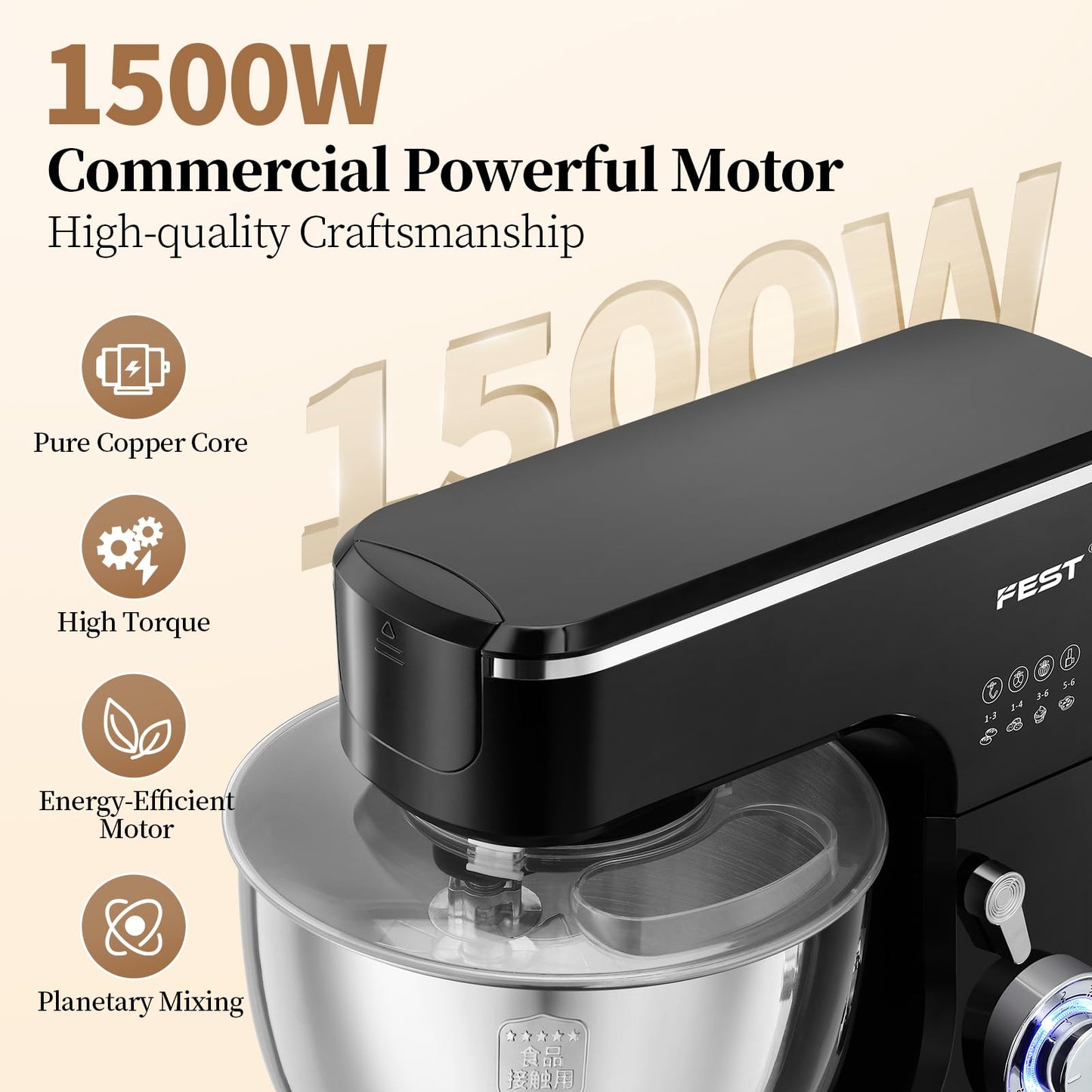 1500W 8.45QT Stand Mixer, 6-Speed Electric Dough Mixer with Whisk, Dough Hook & Beater, Large Capacity Kitchen Mixer for Baking Bread, Cakes, Salad and Cookies (Black)