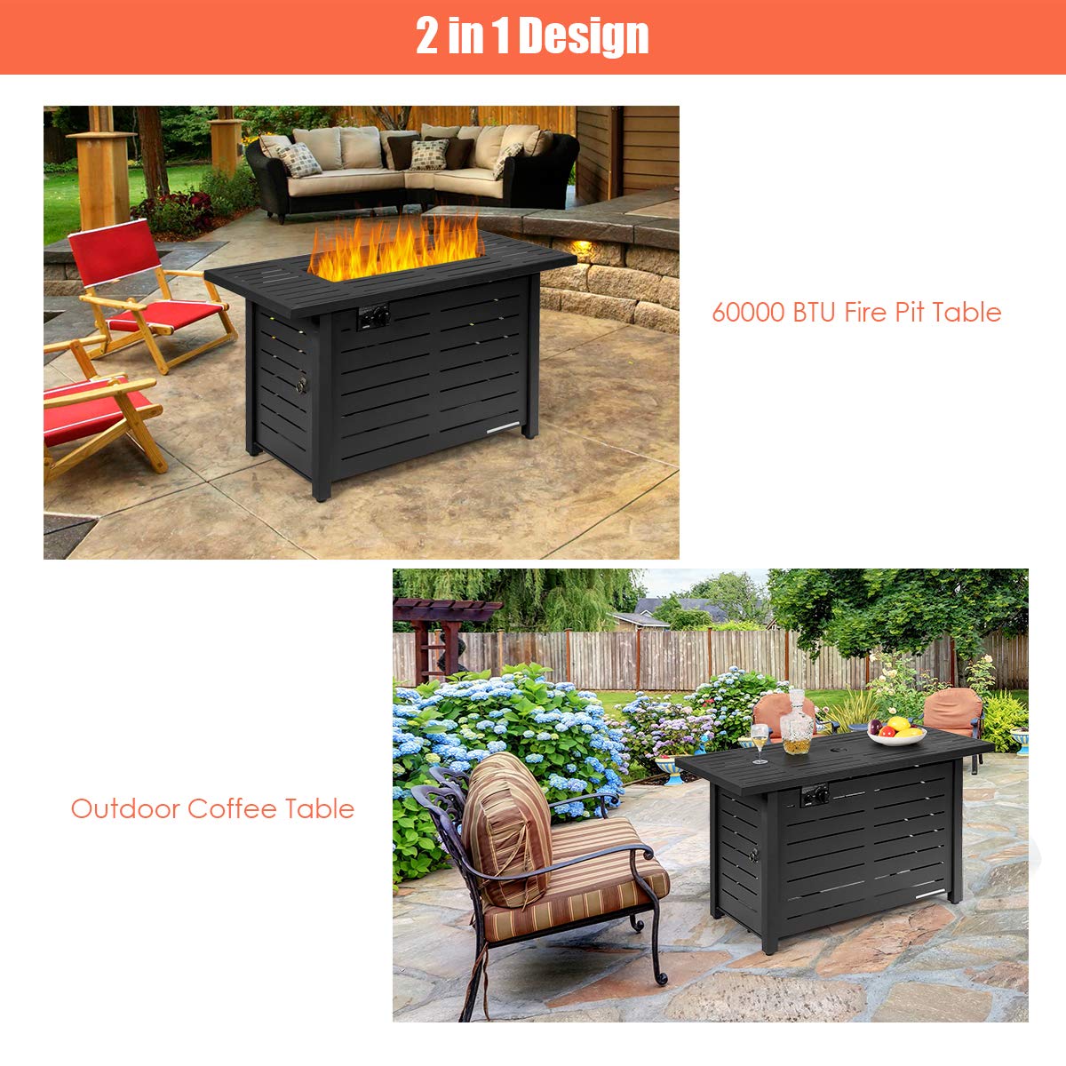DORTALA 42'' Rectangular Propane Gas Fire Pit Table, 60,000 BTU Heater Outdoor Table W/Cover, Propane Heater, Burner Stove Fire Table for Outdoor Use, Black