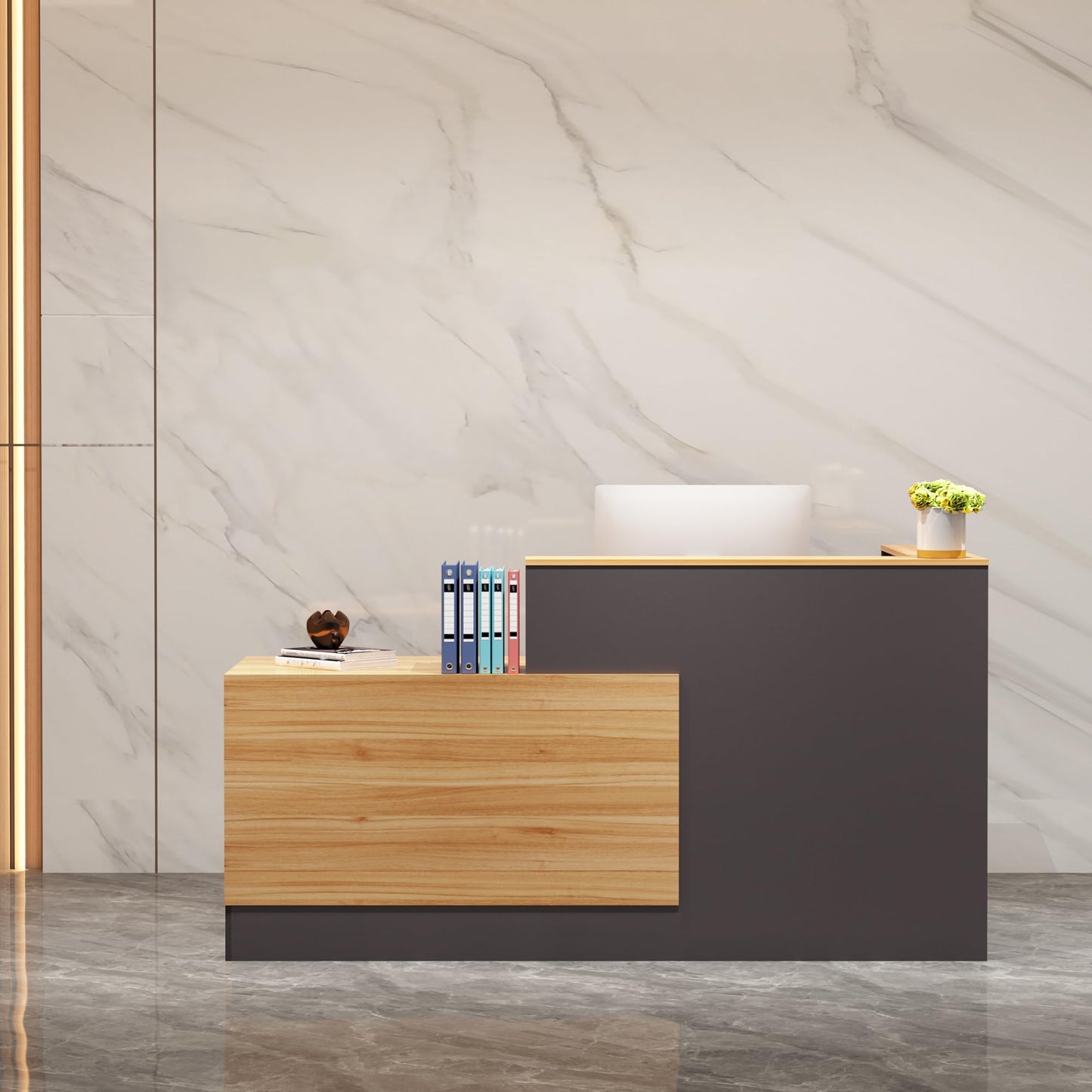 L-Shaped Reception Desk with Lockable Drawers, Adjustable File Cabinet & Keyboard Tray, Modern Front Counter for Office, Salon, or Lobby (Right-L Natural Wood/Slate Gray, 70.9''L x 23.6''W x 41.3''H)