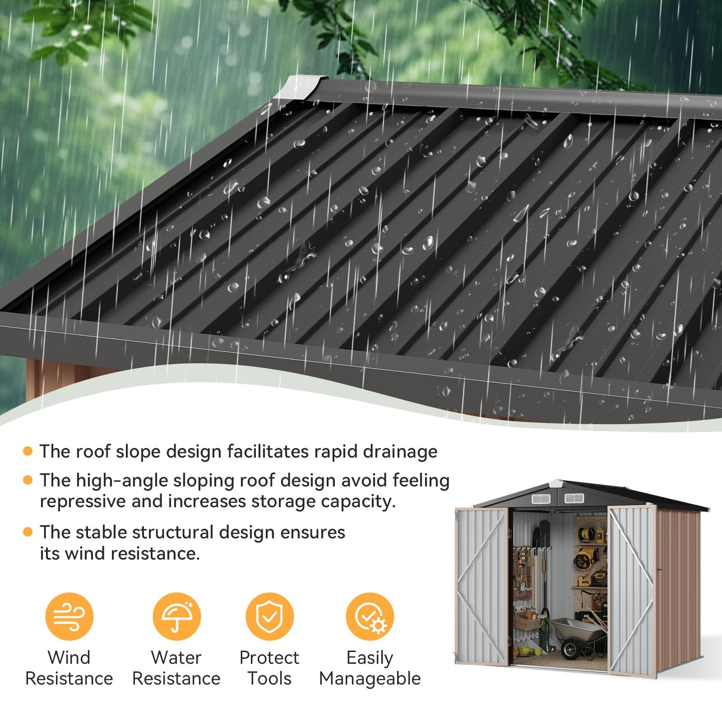 Aoxun 6x3.9 FT Metal Outdoor Steel Shed with Lockable Doors Tool Shed Bike Shed for Backyard, Patio, Poolside (Brown)