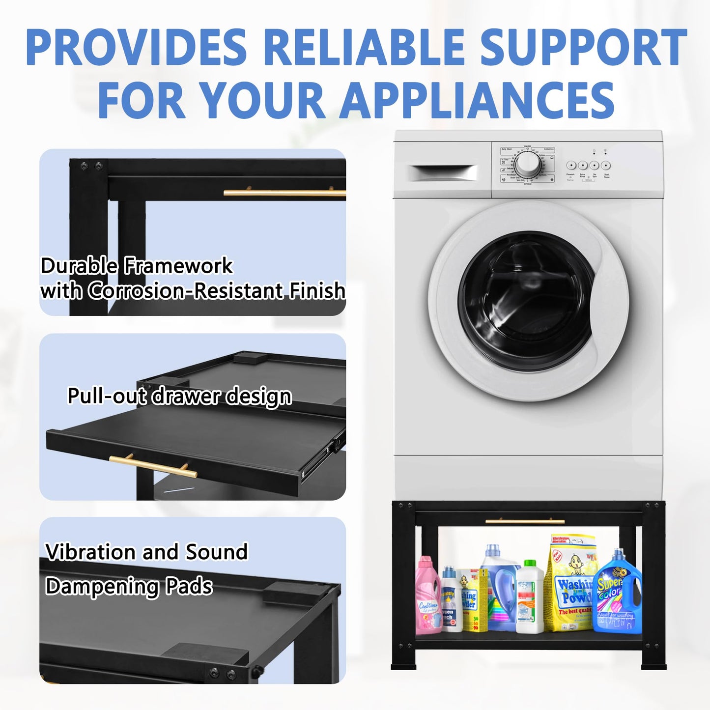 Royxen Washer and Dryer Pedestals Heavy Duty Metal Laundry Pedestal 29"W x 29"D x20"H, Washer Dryer Pedestal Extra Big Screws for Anti-Vibration, Basket Shelf, 800lbs Capacity, Black