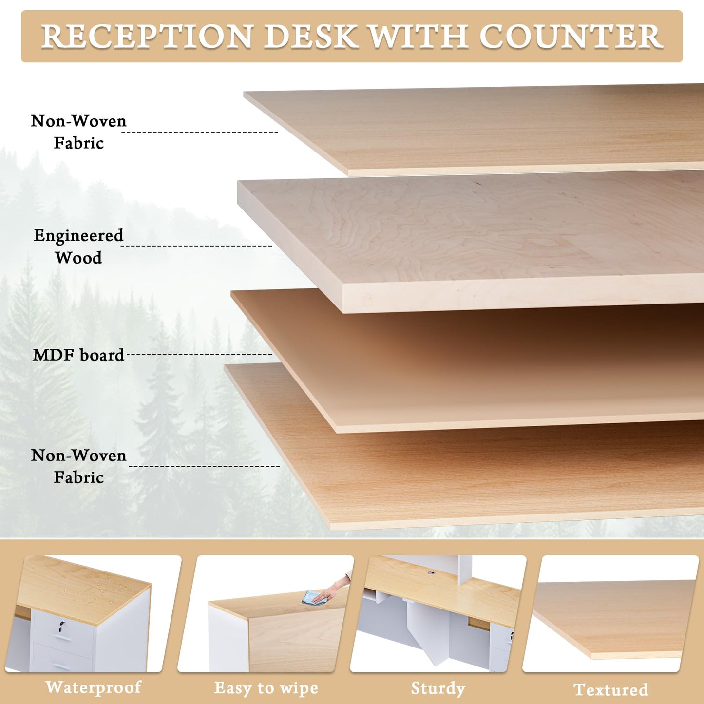 L-Shaped Large Wooden Reception Desk, Modern Front Desk Reception Counter with Lockable Drawers & Storage & Keyboard Tray, for Checkout, Lobby (Left-Natural wood/White, 71''L x 42''W x 41''H)
