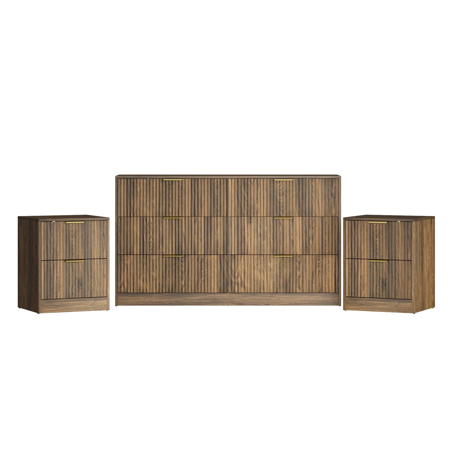 Sscaktu 3-Piece Modern Bedroom Furniture Set, Wide 6-Drawer Dresser & 2-Drawer Nightstands Set of 2, Natural Wood Dresser and Nightstand Sets for Bedroom, Hallway, Walnut