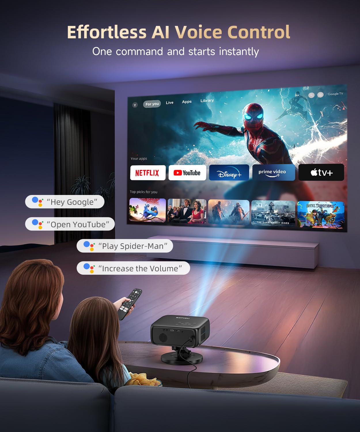 SOPYOU 1500ANSI Google TV Smart Projector, Auto Focus & Keystone,with Stand