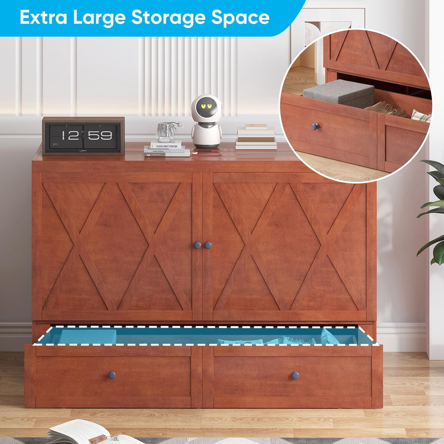 Mjkone Murphy Bed, Queen Hidden Cabinet Bed with Built-in USB Charging Station and 2 Storage Drawers, Murphy Wall Beds Cabinet Beds for Living Room, Guest Room, Apartment, Brown (No Mattress)