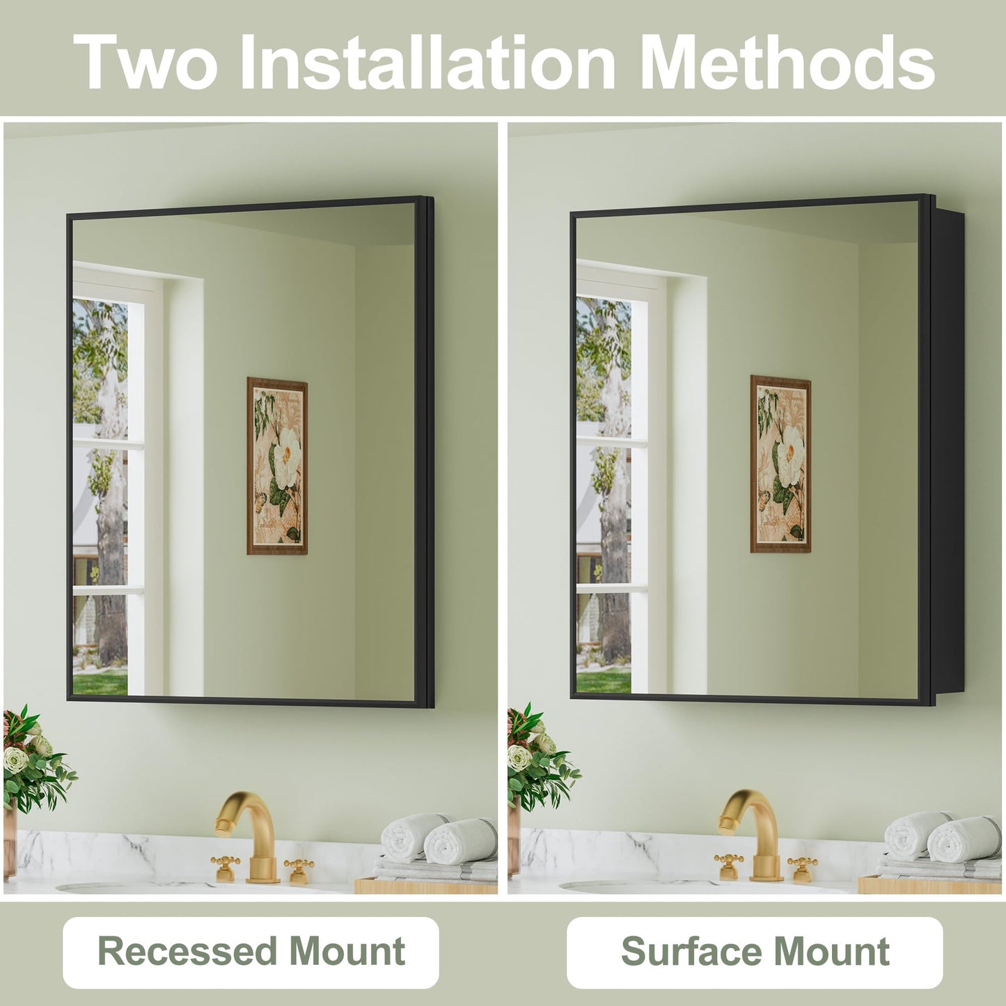 Buruis 24" x 30" Framed Medicine Cabinet with Mirror, Recessed or Wall Mounted Bathroom Cabinet, Adjustable Tempered Glass Shelves, Left/Right Open Reversible, No Assembly Required, Black