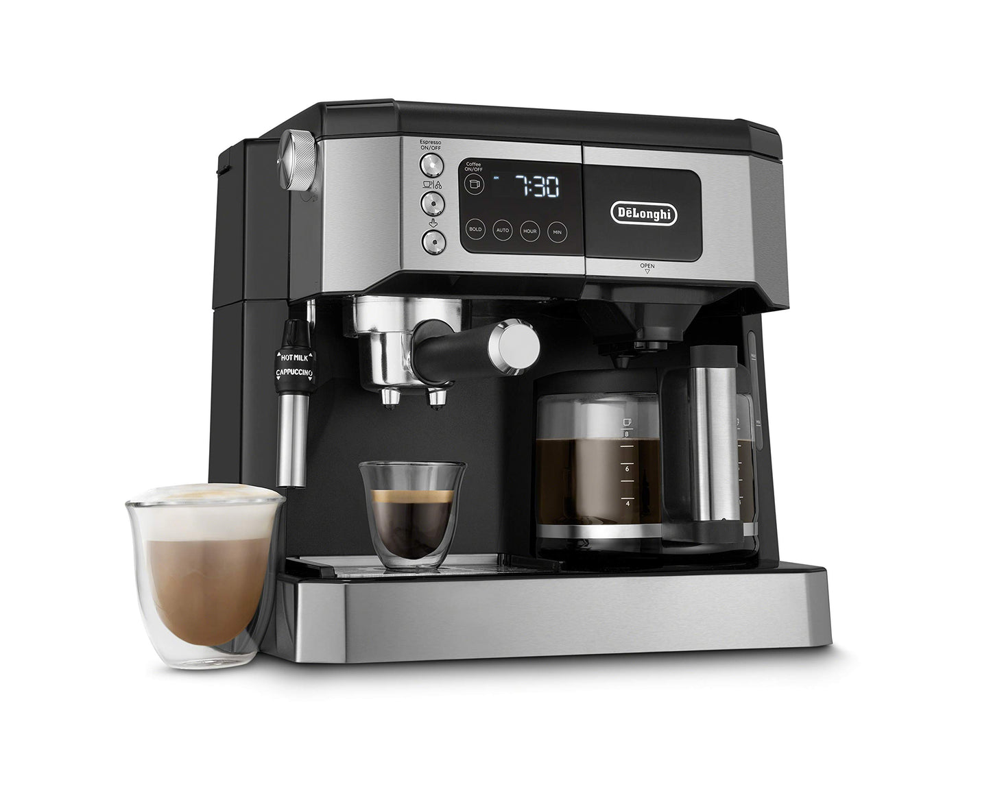 De'Longhi UPGRADED All-in-One Combination Coffee Maker & Espresso Machine + Advanced Adjustable Milk Frother for Cappuccino & Latte + Glass Coffee Pot 10-Cup, COM532M black