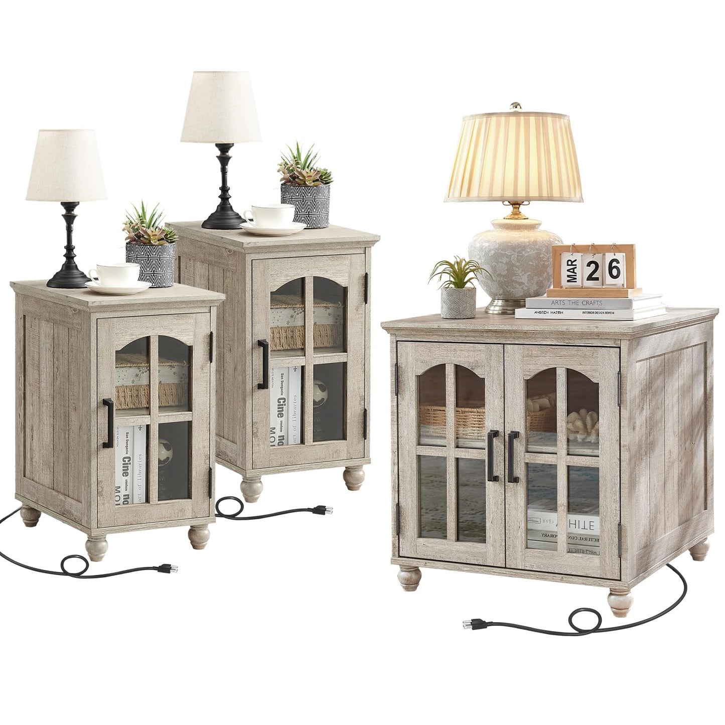 RWYHG Farmhouse End Table Set of 3 with Charging Station, 18'' Narrow Side Table and 24" Large Sofa Side Table with Glass Barn Door Storage, Wood Night Stand Bedside Table for Living Room,Bedroom