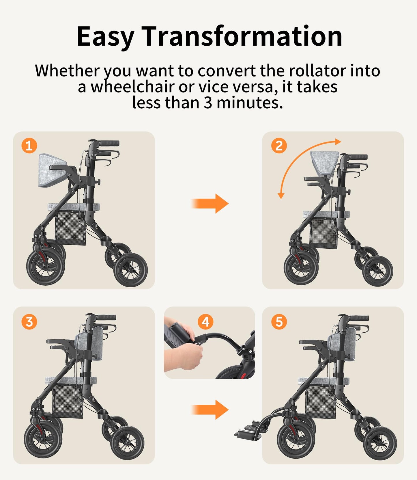 VOCIC Rollator-Walkers-for-Seniors-with-Seat, Walker Wheelchair Combo, Transport-Wheelchair-Lightweight-Foldable, Adult Walkers All Terrain, 2 in 1 Rolling Walker Chair with Brakes & Pouch