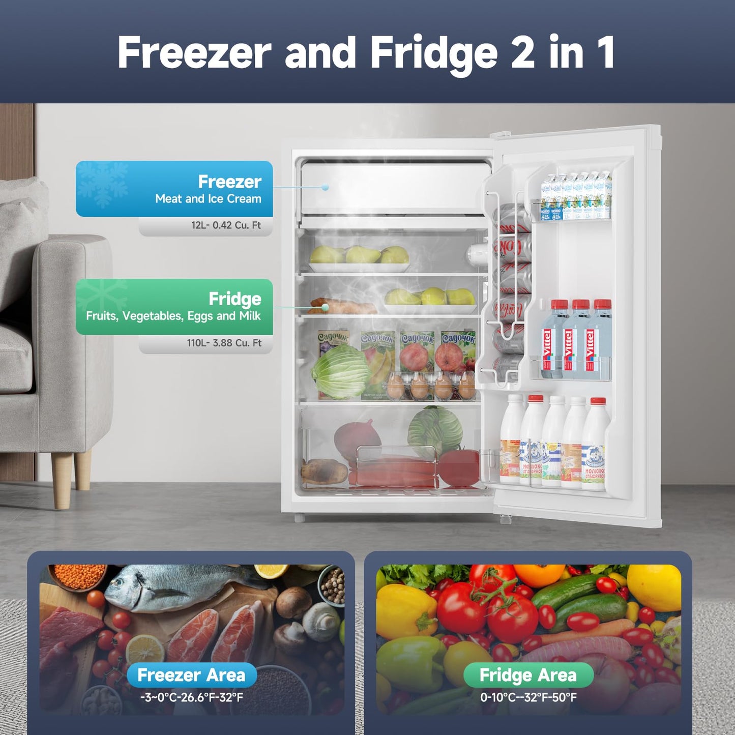 MilleLoom 4.3 Cu.ft Mini Fridge with Freezer, Compact Refrigerator Single Door for Bedroom Office Dorm RV, Adjustable Thermostat, Removable Glass Shelves & Crisper Drawer