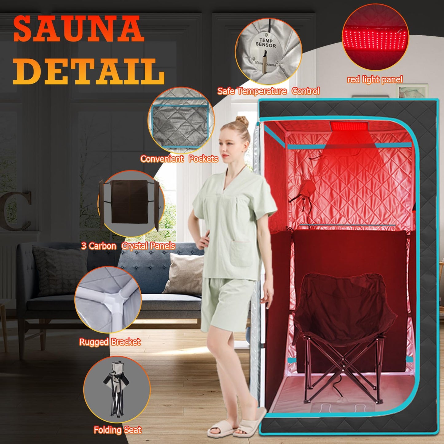 AURGOD Portable Infrared Sauna for 1 Person, Red Light Therapy Full Size Home Sauna Box with Premium Dry Heating, Remote Temperature Control, Heated Foot Pad & Reinforced Folding Chair