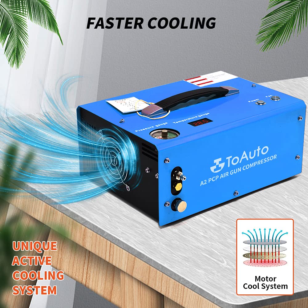 TOAUTO A2 PCP Air Compressor, Auto-Stop, Portable 4500Psi/30Mpa, Oil/Water-Free, 8MM Quick-Connector HPA Compressor for Paintball/PCP Air Rifle/Scuba Tank, Powered by Home 110V AC or 12V Car DC（Blue）