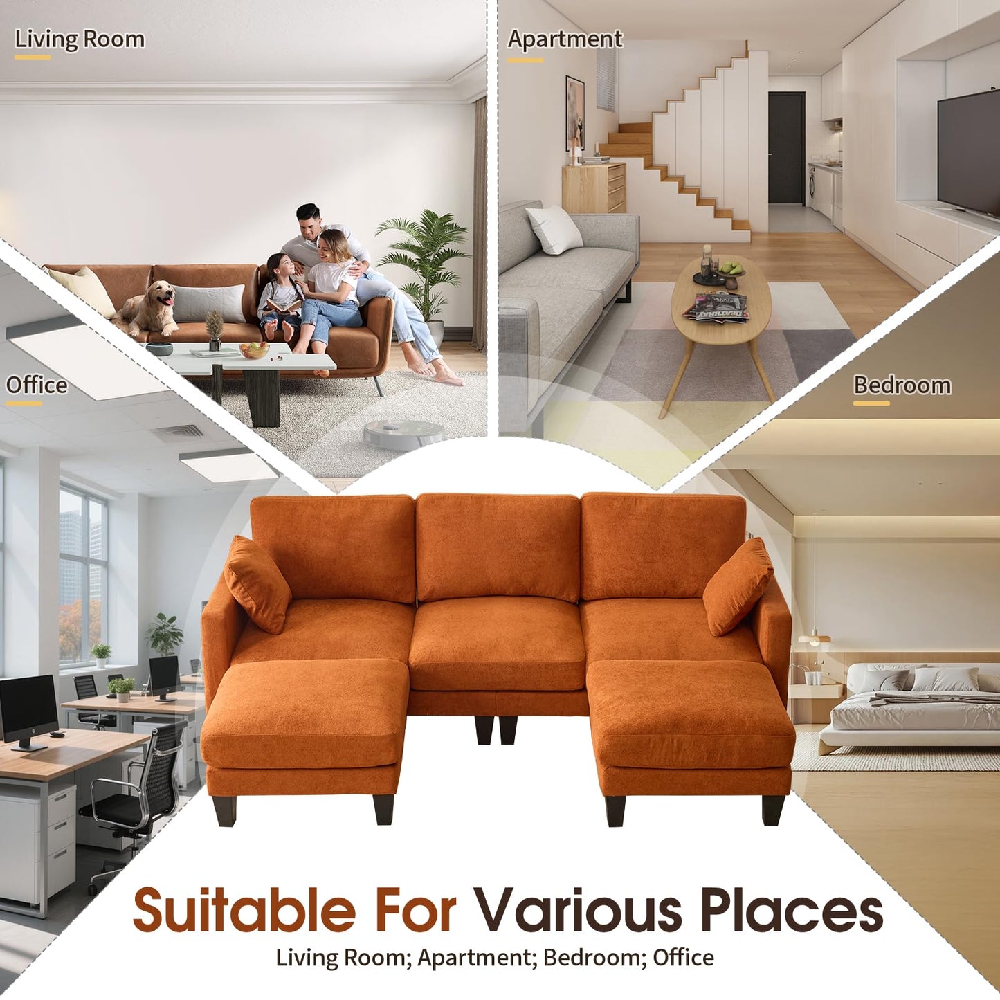 VINGLI 100" W U Shaped Couch with Ottoman, 22" Deep Seat Comfortable Sectional Couches for Living Room, 3 Seater Chenille Fabric Cloud Sofa for Apartment, Small Spaces, Bedroom, Orange