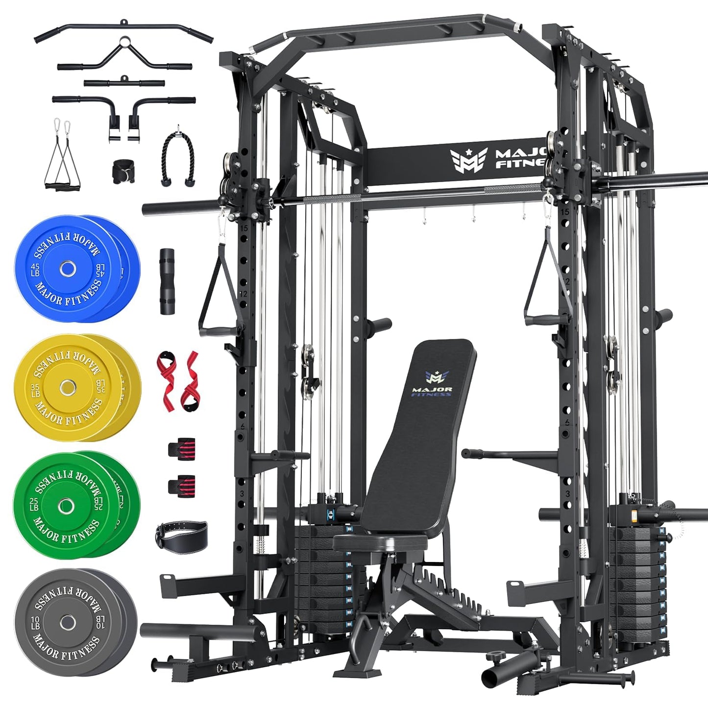 Major Fitness Drone2 Premium Smith△ Machine, All-in-One Home Gym Squat Rack with Aluminum Pulley Set, Weight Bar (BK D2AW Package(with Black Bench+230lb))