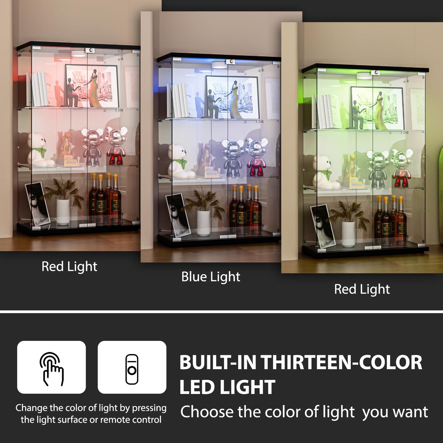 FANYUSHOW Tempered Glass Display Cabinet with LED Lights and Lock, Black, 2-Door 3-Shelf Curio Cabinet with Glass Shelves for Collectibles, Lego, Figures, Books and Wine