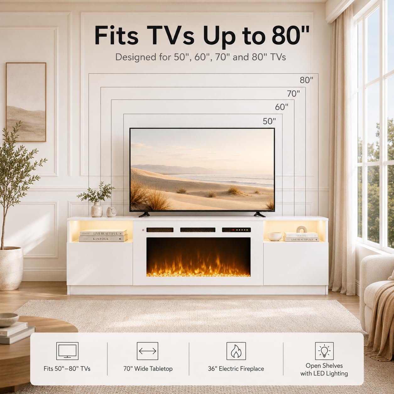 OneBlis 70" Fireplace TV Stand for TVs Up to 80",Entertainment Center with 36” Electric Fireplace and 12 Colors LED Lights,Large TV Console with Storage Cabinet for Living Room,All White