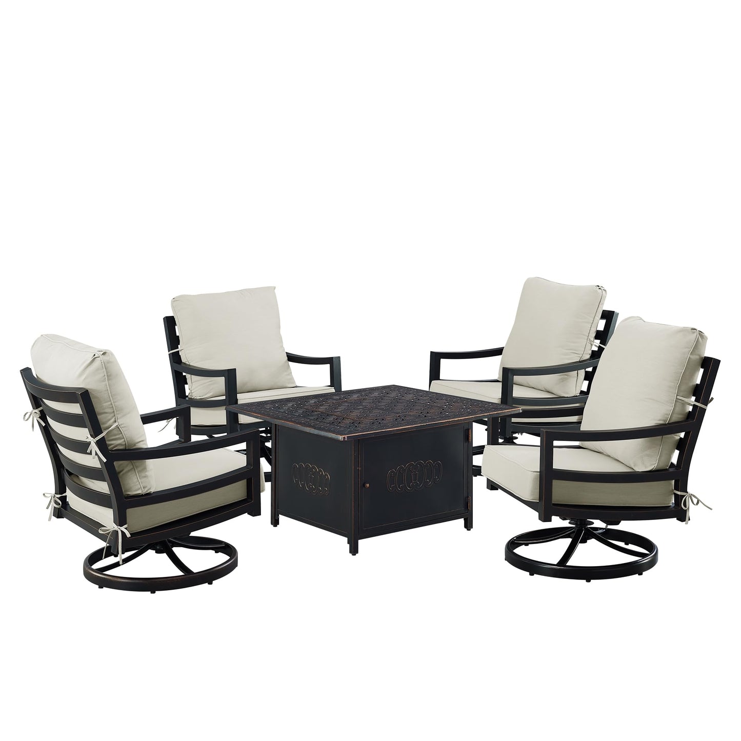 Oakland Living Black Aluminum Patio Fire Table Set with Four Club Chairs with Light Grey Cushions