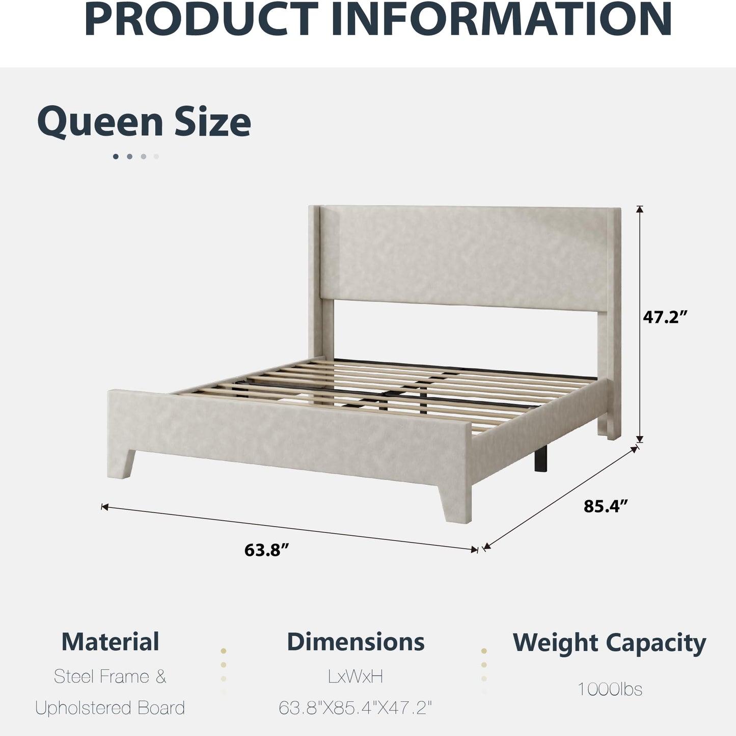 viplov Queen Bed Frame with Faux Leather Upholstered Headboard, Wear-Resistant, Easy Clean, Mattress Foundation, No Box Spring Required, Easy Assembly, Beige